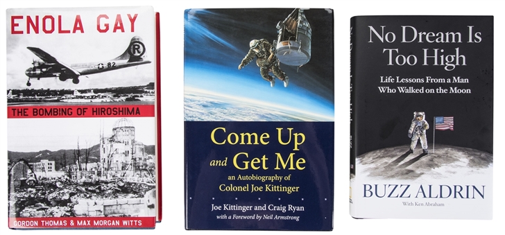 Lot of (3) Aviation Greats Single Signed Books Signed By Buzz Aldrin, Dutch Van Kirk & Col. Joe Kittinger (JSA)